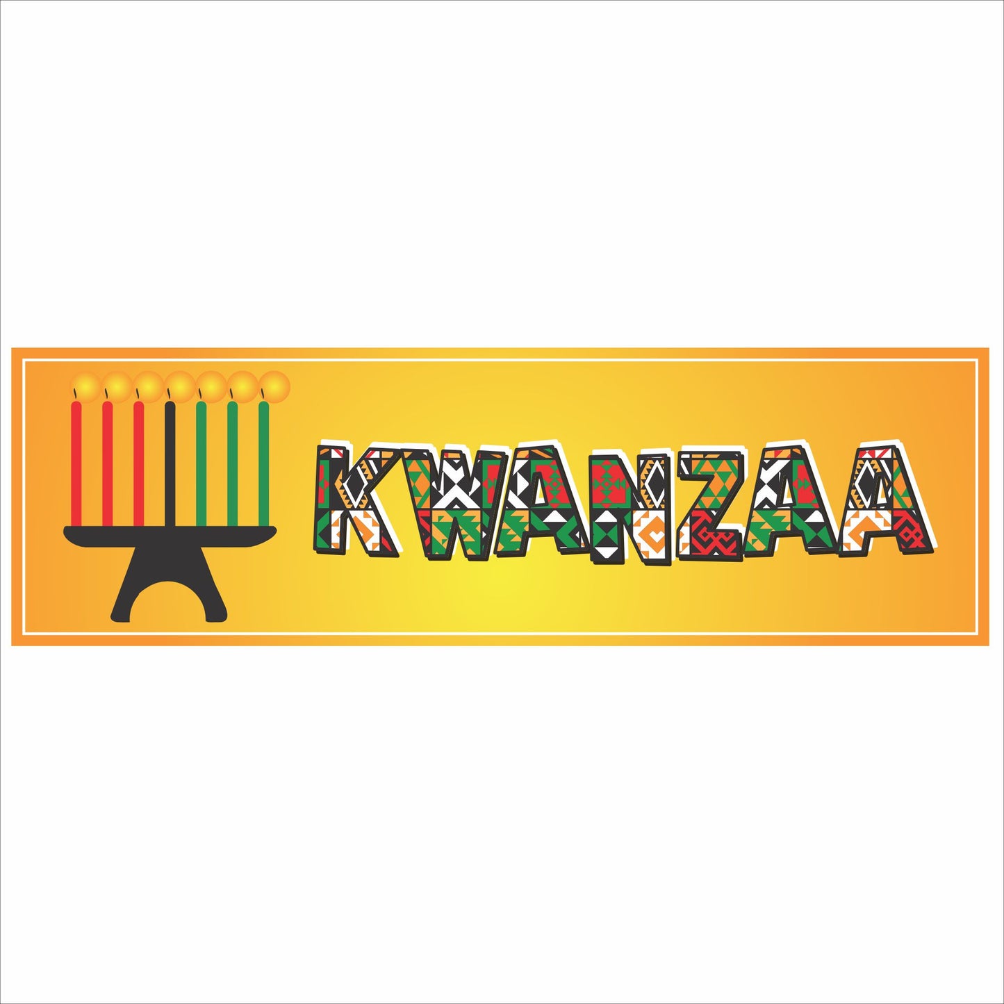 Kwanzaa wall sign with kinara candles and patterned lettering on gold background