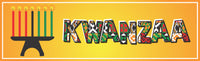 Kwanzaa Sign With Traditional African Colors, Gold Background, And Lit Kinara Candles