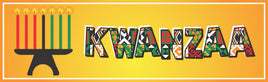 Kwanzaa Sign With Traditional African Colors, Gold Background, And Lit Kinara Candles