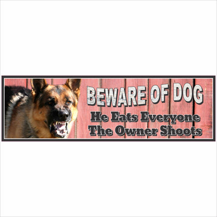 Beware of Dog sign with German Shepherd and red wood background