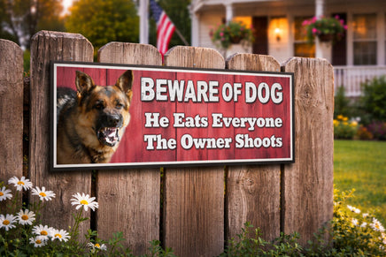 Beware of Dog sign mounted on wooden fence in front yard setting