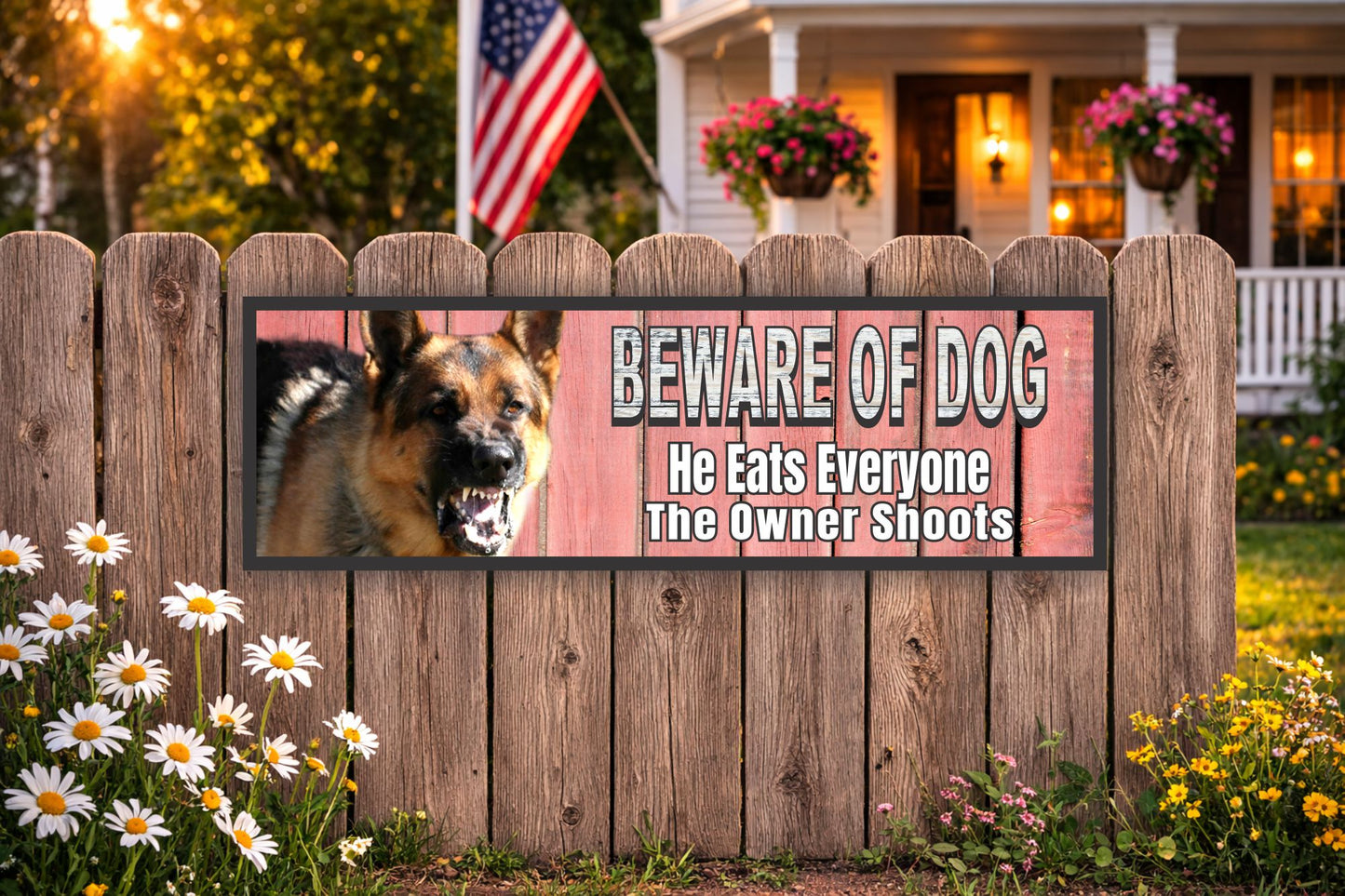 funny beware of dog sign mounted on wooden fence in front yard with american flag house porch flowers and garden background