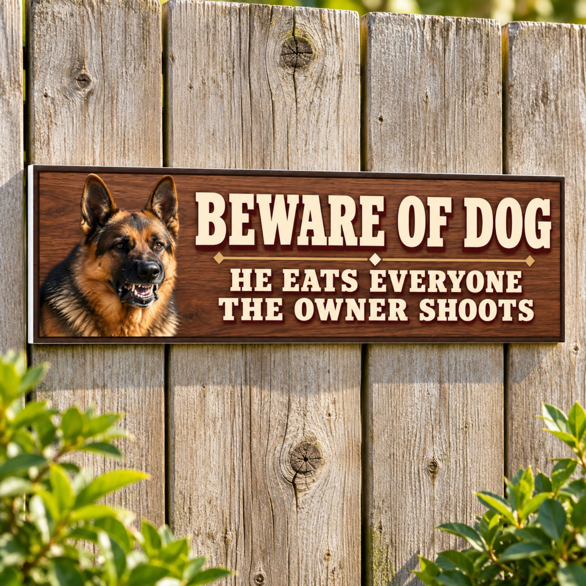 Rustic German shepherd Beware of Dog sign displayed on a weathered wooden fence, with cream lettering, a dark border, and a subtle white PVC edge on the left.