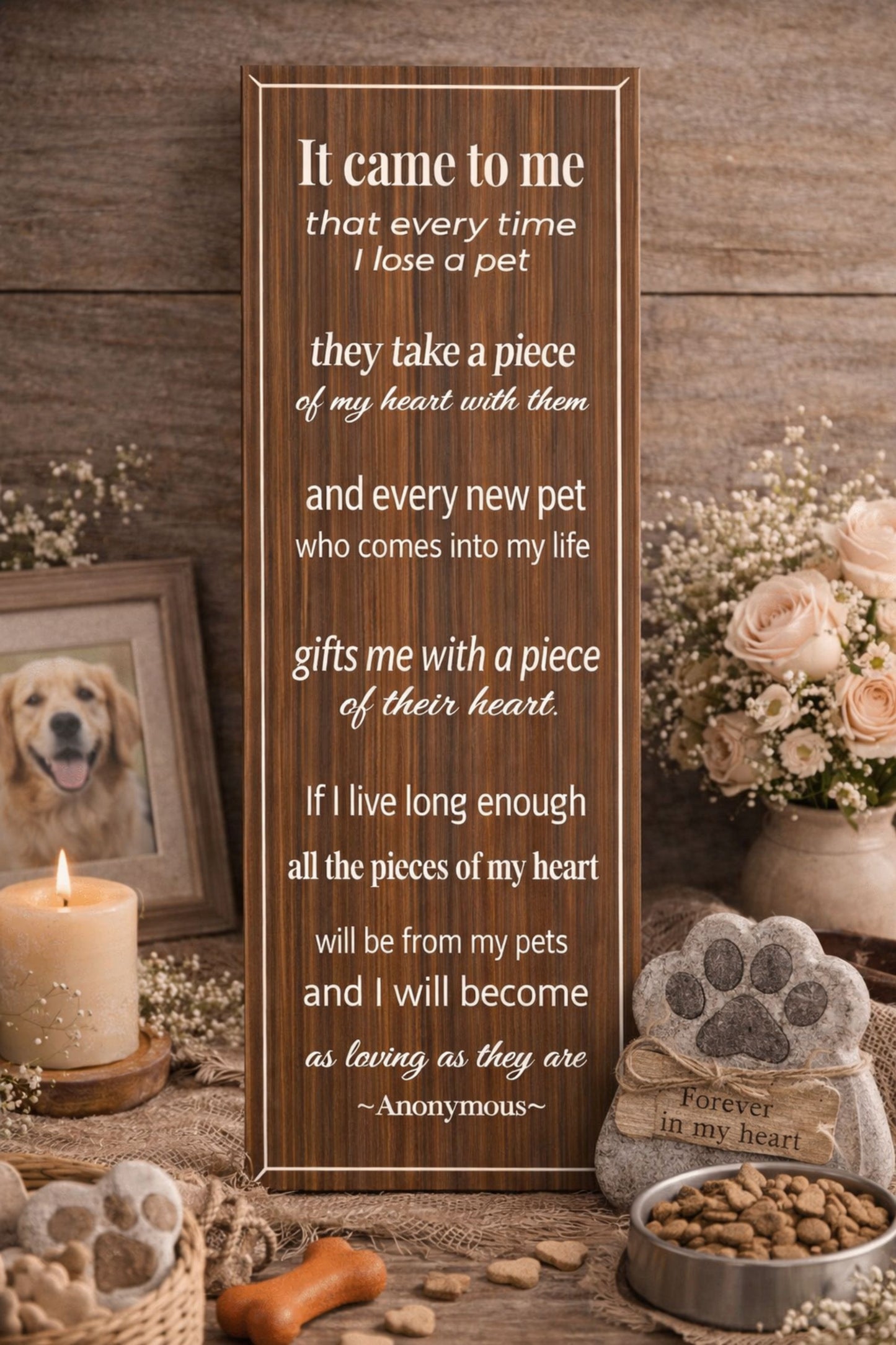 Pet memorial sign displayed in rustic setting with framed dog photo, candle, flowers, collar, and paw keepsake