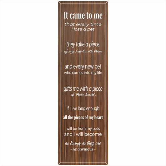 Vertical 5x16 pet memorial sign with wood-look background and white remembrance quote