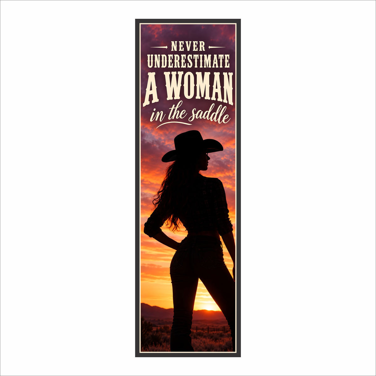 Vertical cowgirl sign reading “Never underestimate a woman in the saddle,” with cream Western lettering, a cowgirl silhouette, and a vivid sunset background.