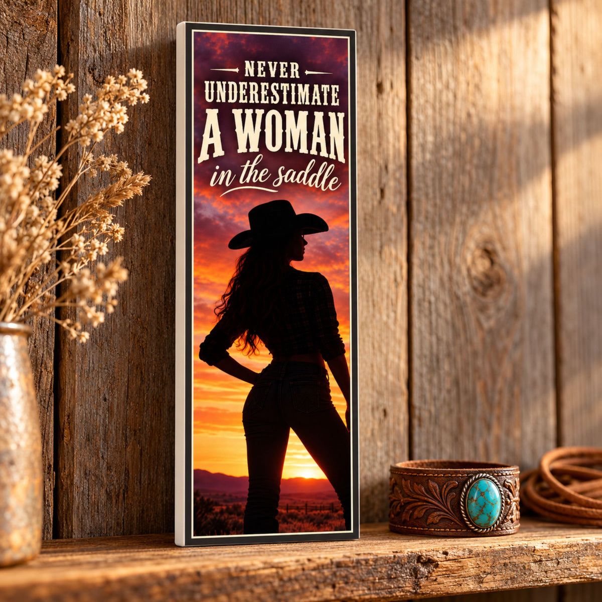 Cowgirl quote sign displayed on a rustic wooden shelf against barn boards, with a turquoise leather cuff beside it and a subtle white PVC edge visible.