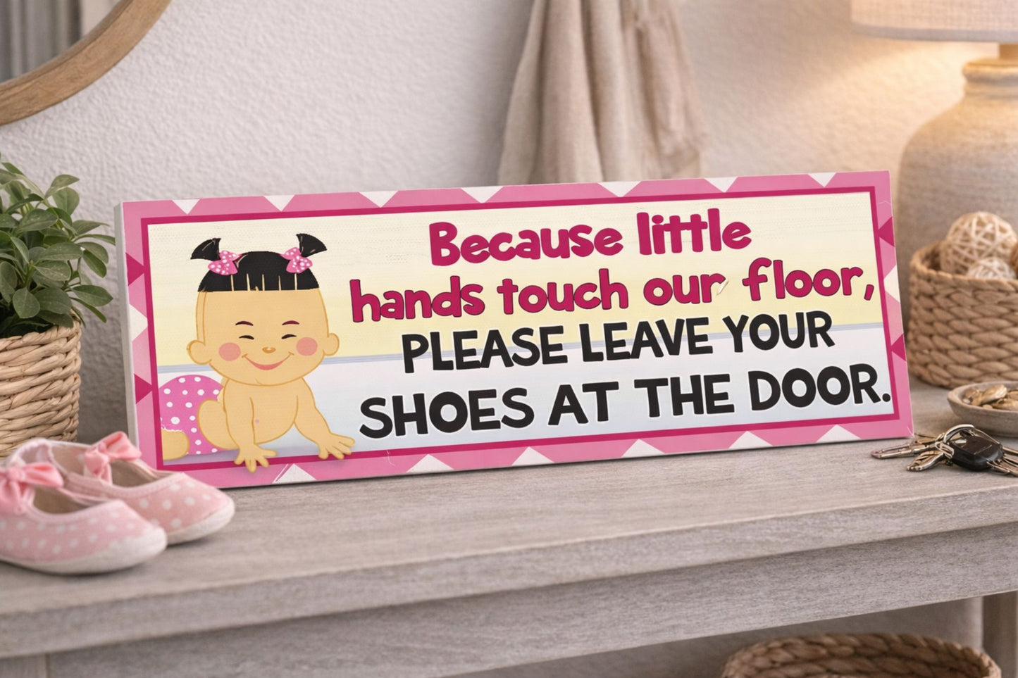 baby shoes sign showing 16 x 5 inch dimensions with height and width guide