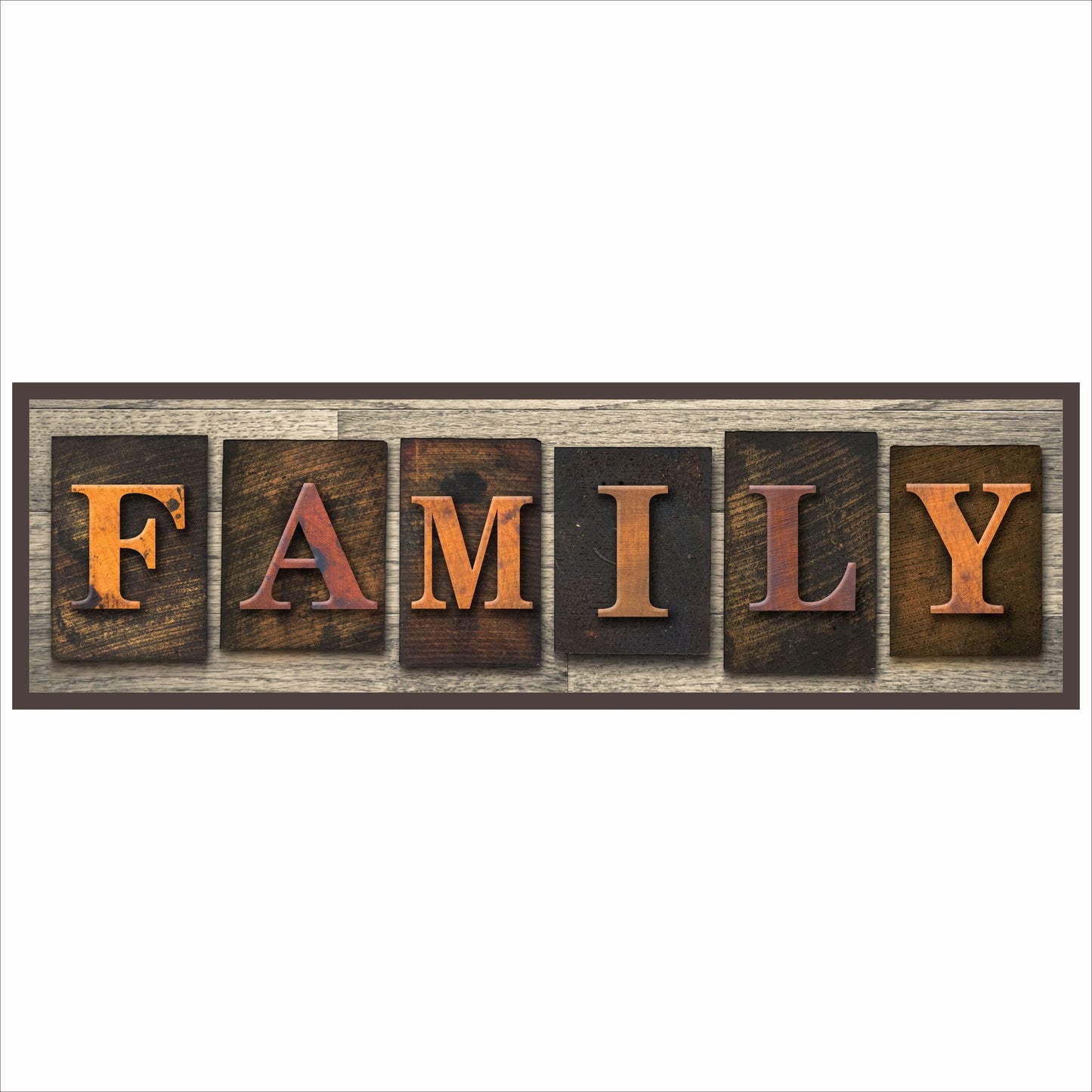 family sign rustic faux wood design copper letters dark brown border small horizontal wall decor