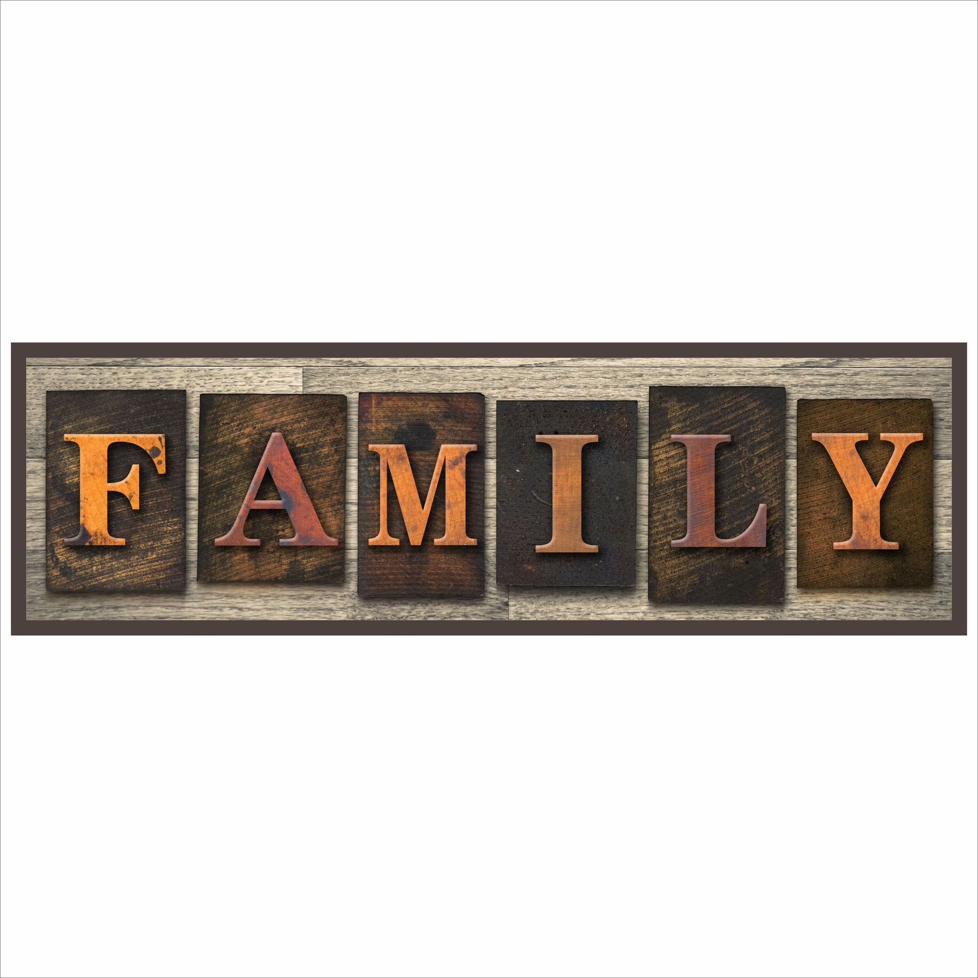 family sign rustic faux wood design copper letters dark brown border small horizontal wall decor