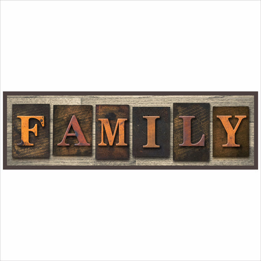 family sign rustic faux wood design copper letters dark brown border small horizontal wall decor