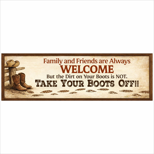 Close-up funny take off your shoes farmhouse sign with boots