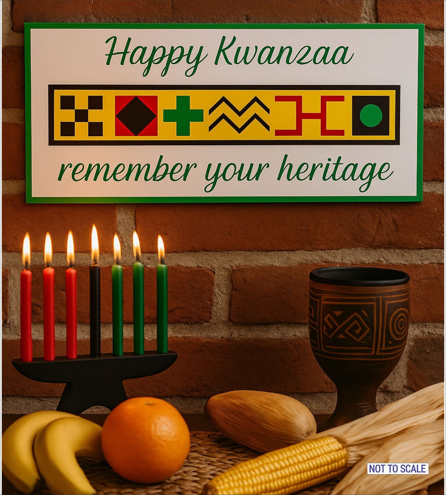 Kwanzaa holiday wall sign displayed above table with candles and fruit