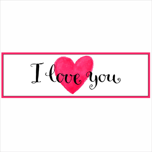 I love you wall sign with pink watercolor heart and white background