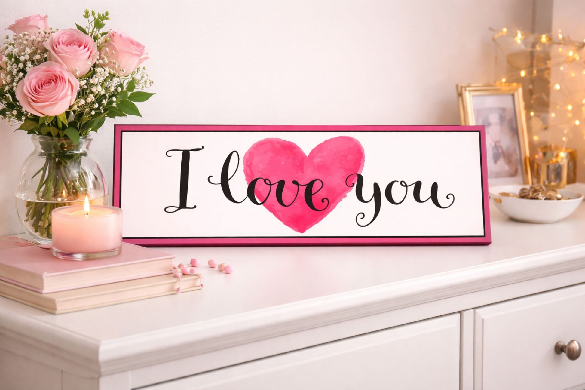 romantic i love you heart sign resting on white dresser with pink roses candle and soft bedroom decor