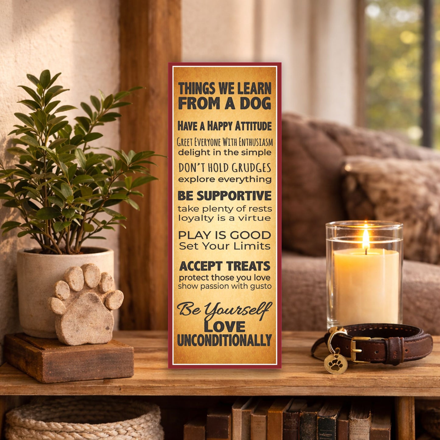 Things We Learn From a Dog sign displayed on a shelf with cozy home decor and warm lighting