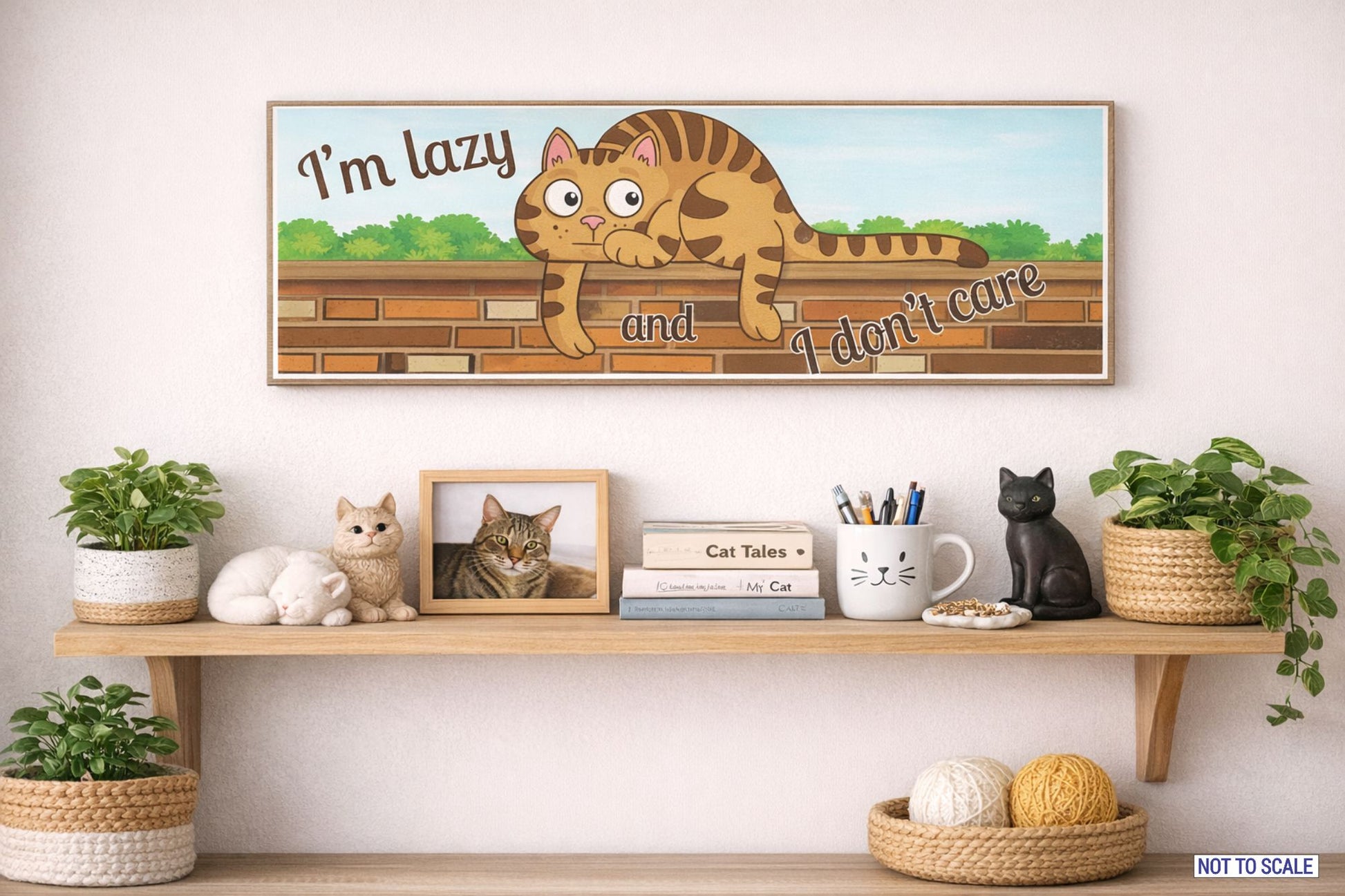 Funny cat wall sign displayed above shelf with cat figurines and plants in bright neutral room