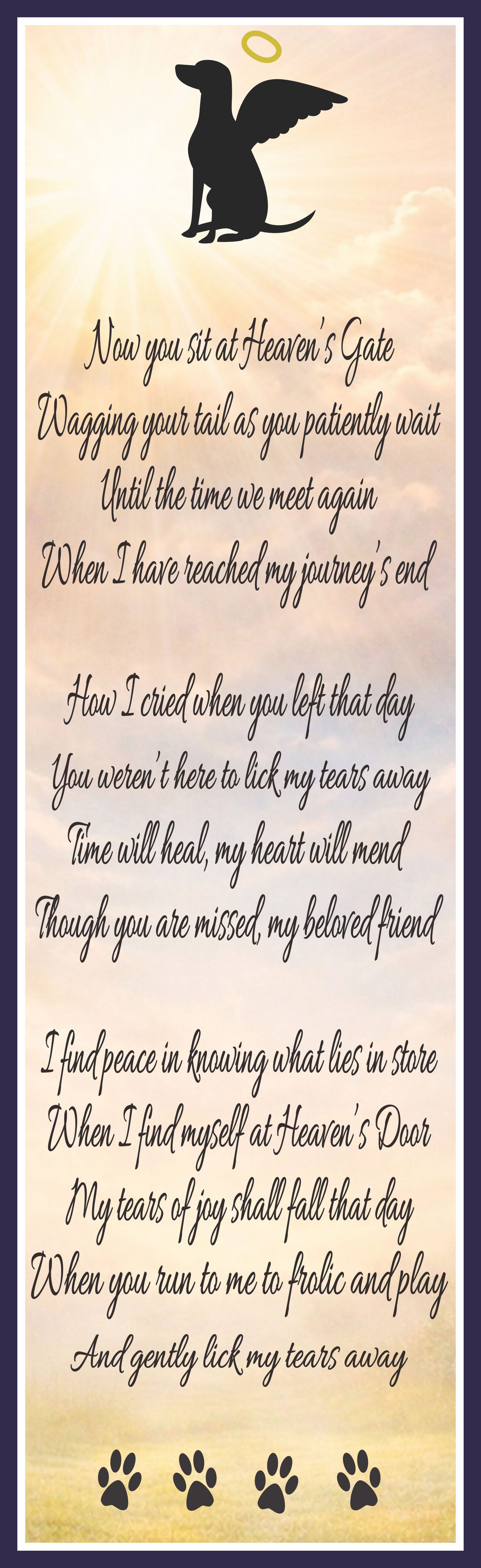 vertical dog memorial poem sign with angel dog silhouette and golden sky background