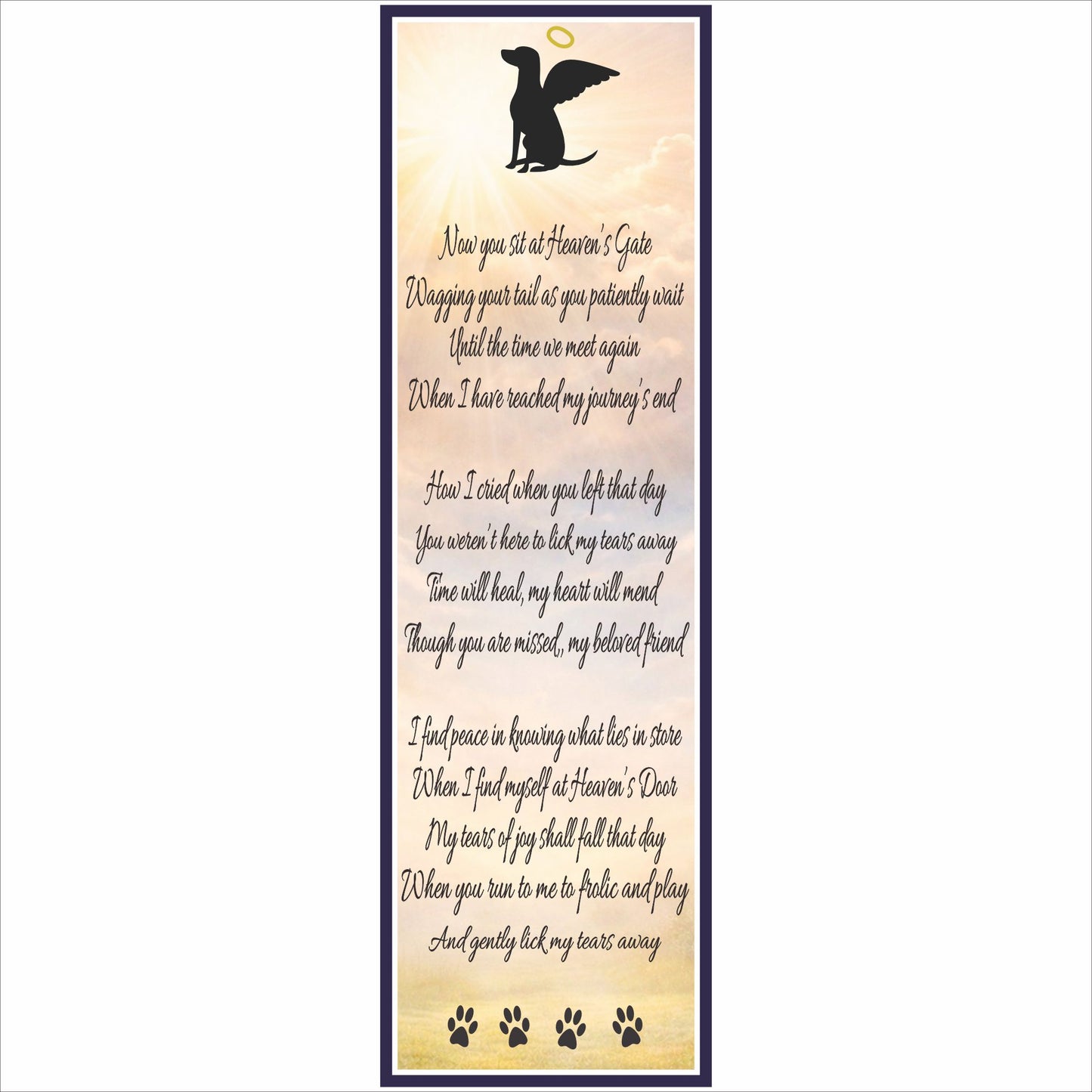 cat memorial poem plaque with angel dog silhouette against golden sky background