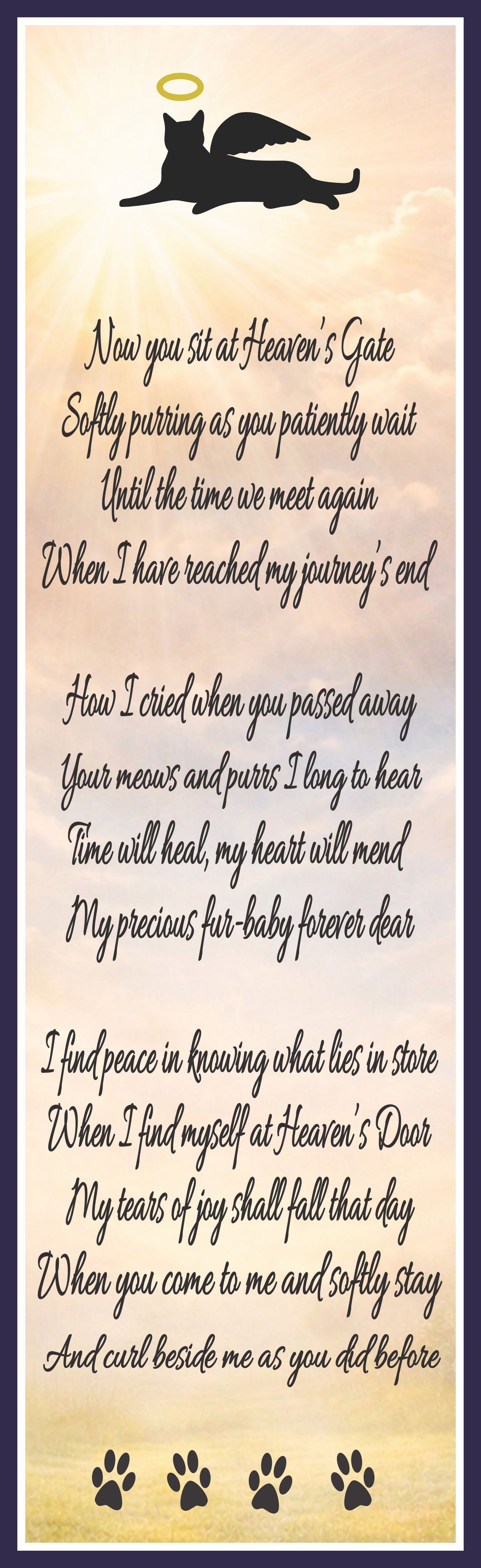 cat memorial poem plaque with angel cat silhouette against golden sky background