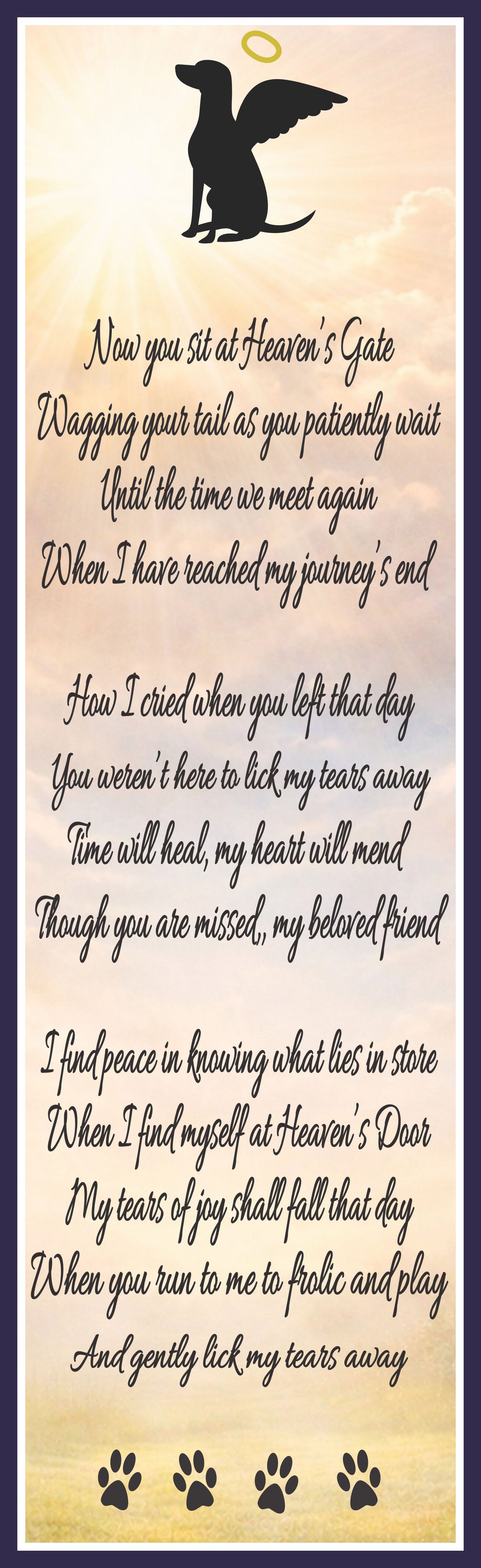dog memorial poem plaque with angel dog silhouette against sunburst sky background