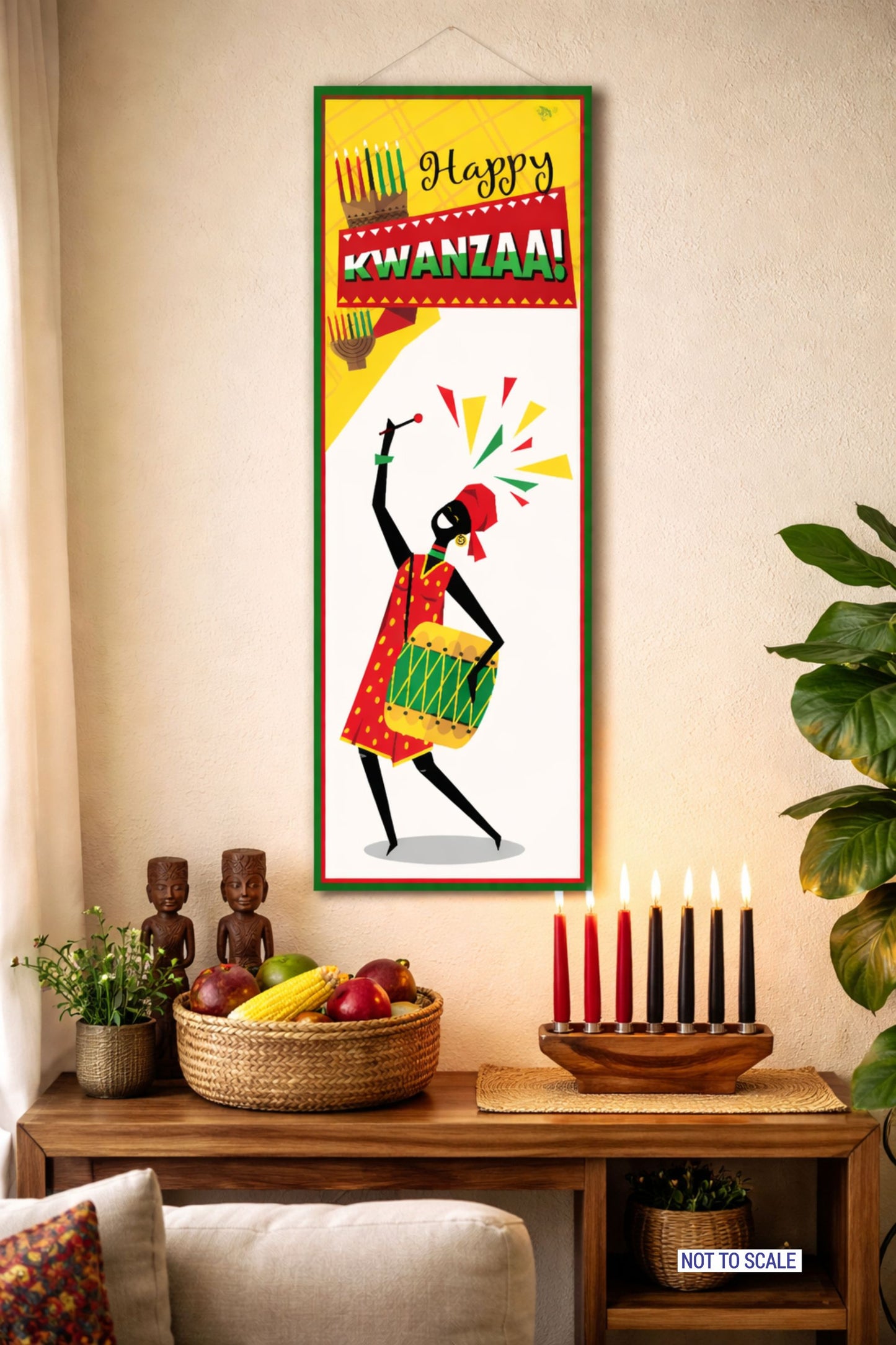 Happy Kwanzaa vertical sign displayed in a living room decorated with candles and traditional holiday accents