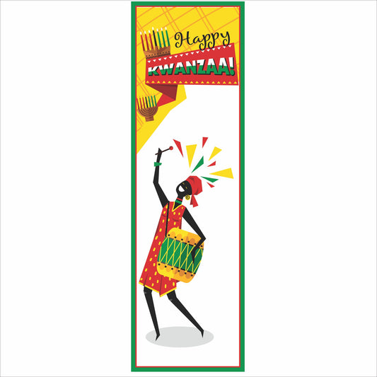 Vertical Happy Kwanzaa wall sign featuring drummer silhouette and kinara candles in red green and gold