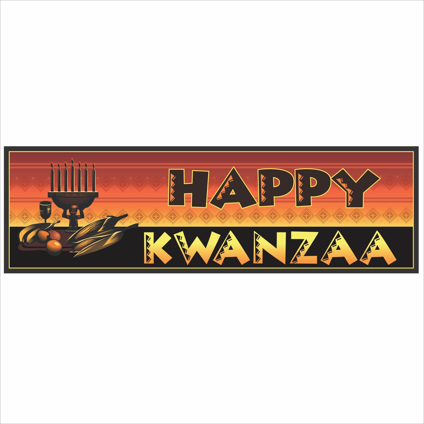 Happy Kwanzaa wall sign featuring kinara candles, harvest corn, fruit, and African-inspired sunset pattern in warm red orange and gold tones