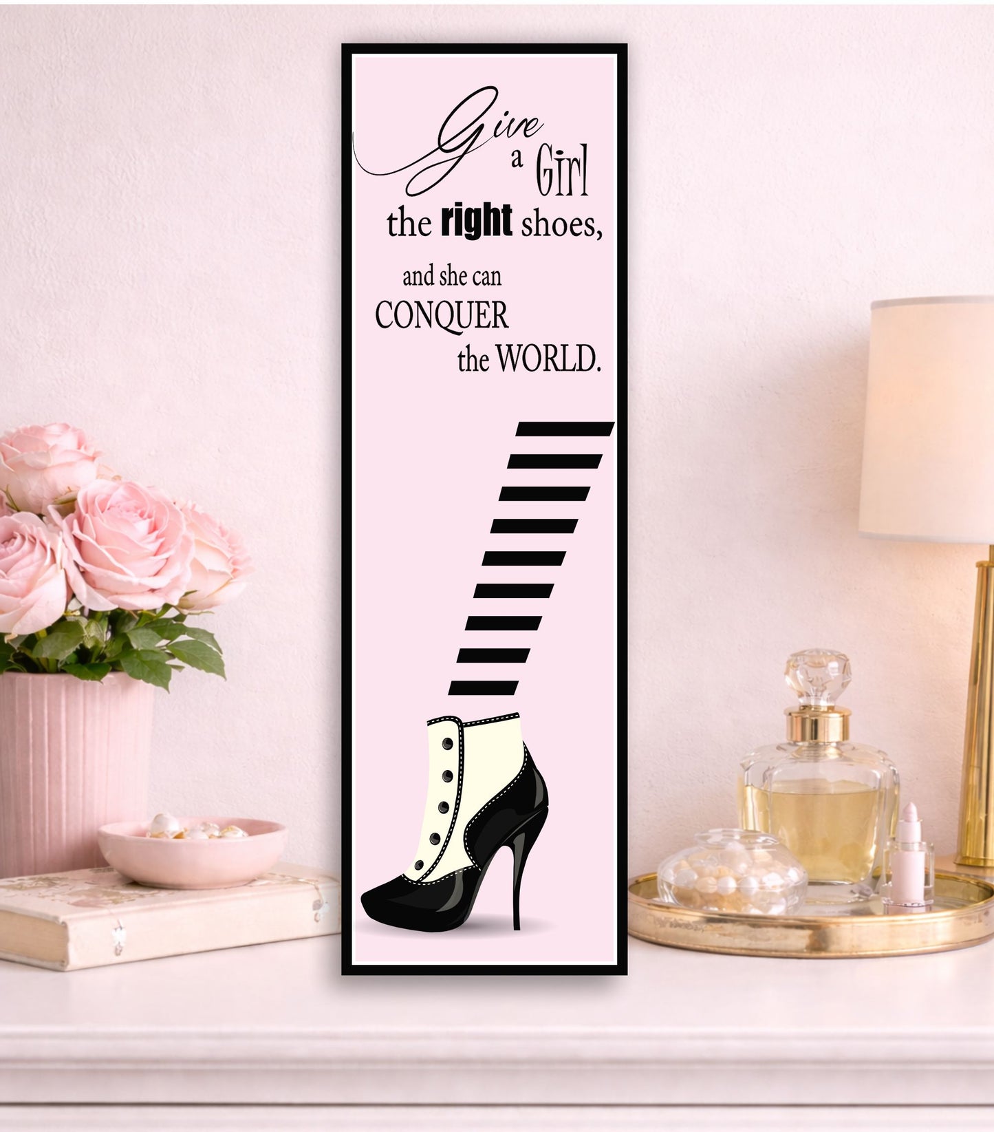 inspirational fashion sign high heel decor feminine styling on dresser