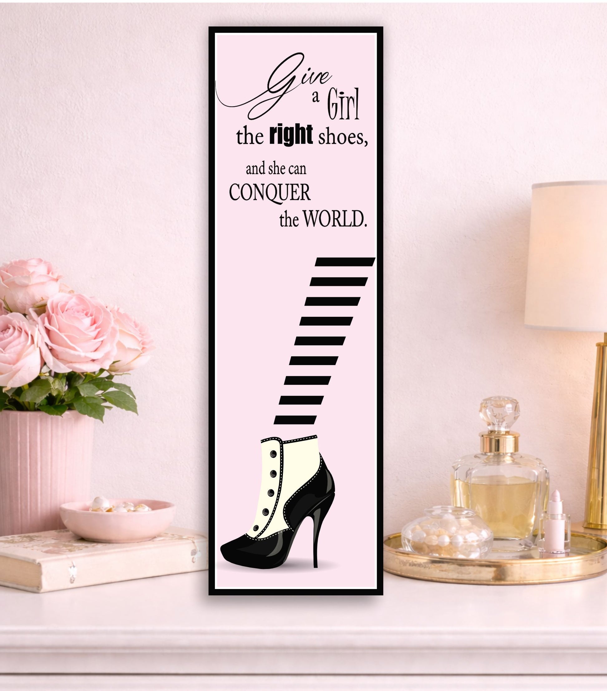 inspirational fashion sign high heel decor feminine styling on dresser