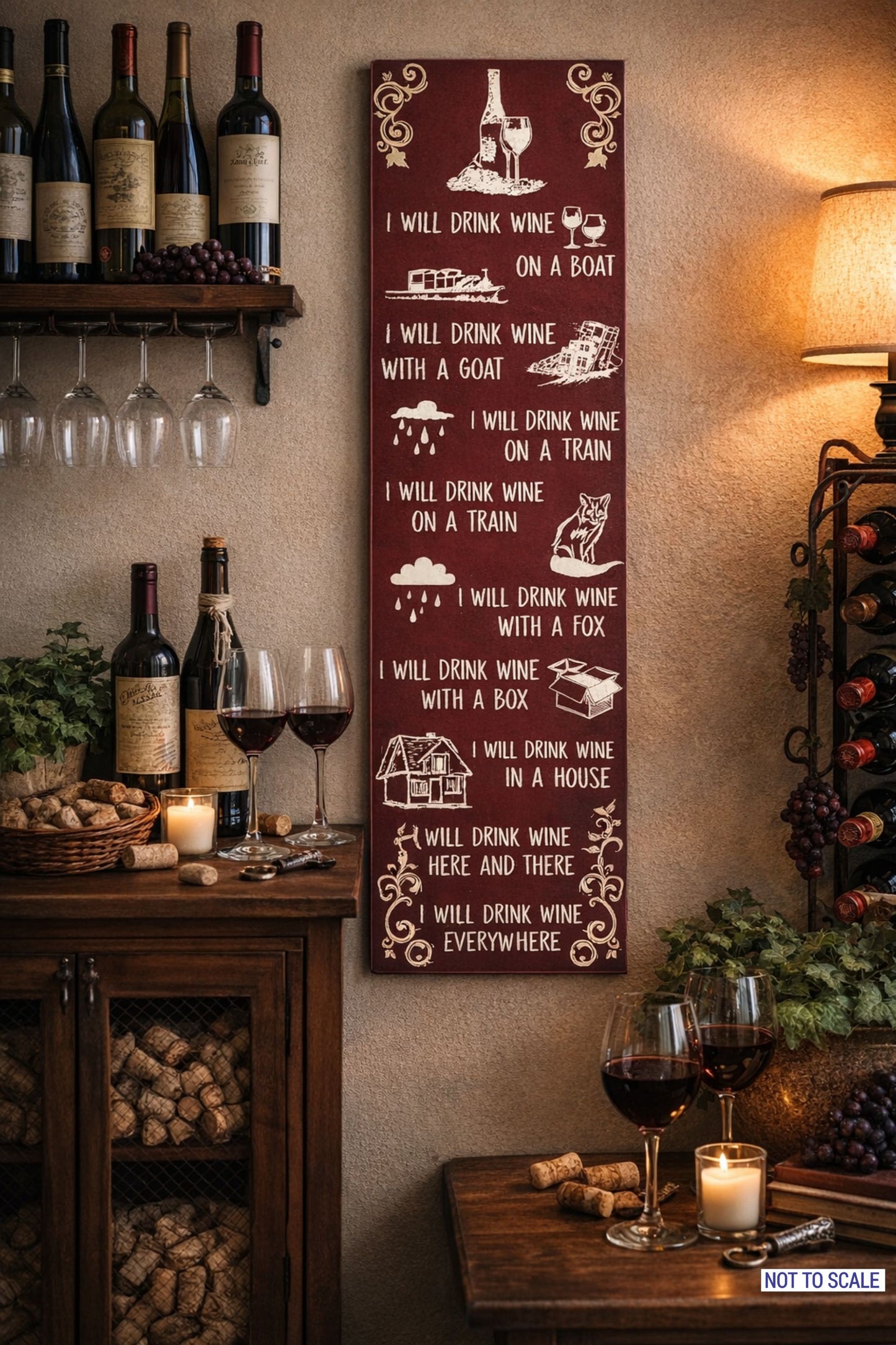 Funny wine wall sign displayed above wine console table with glasses and bottle