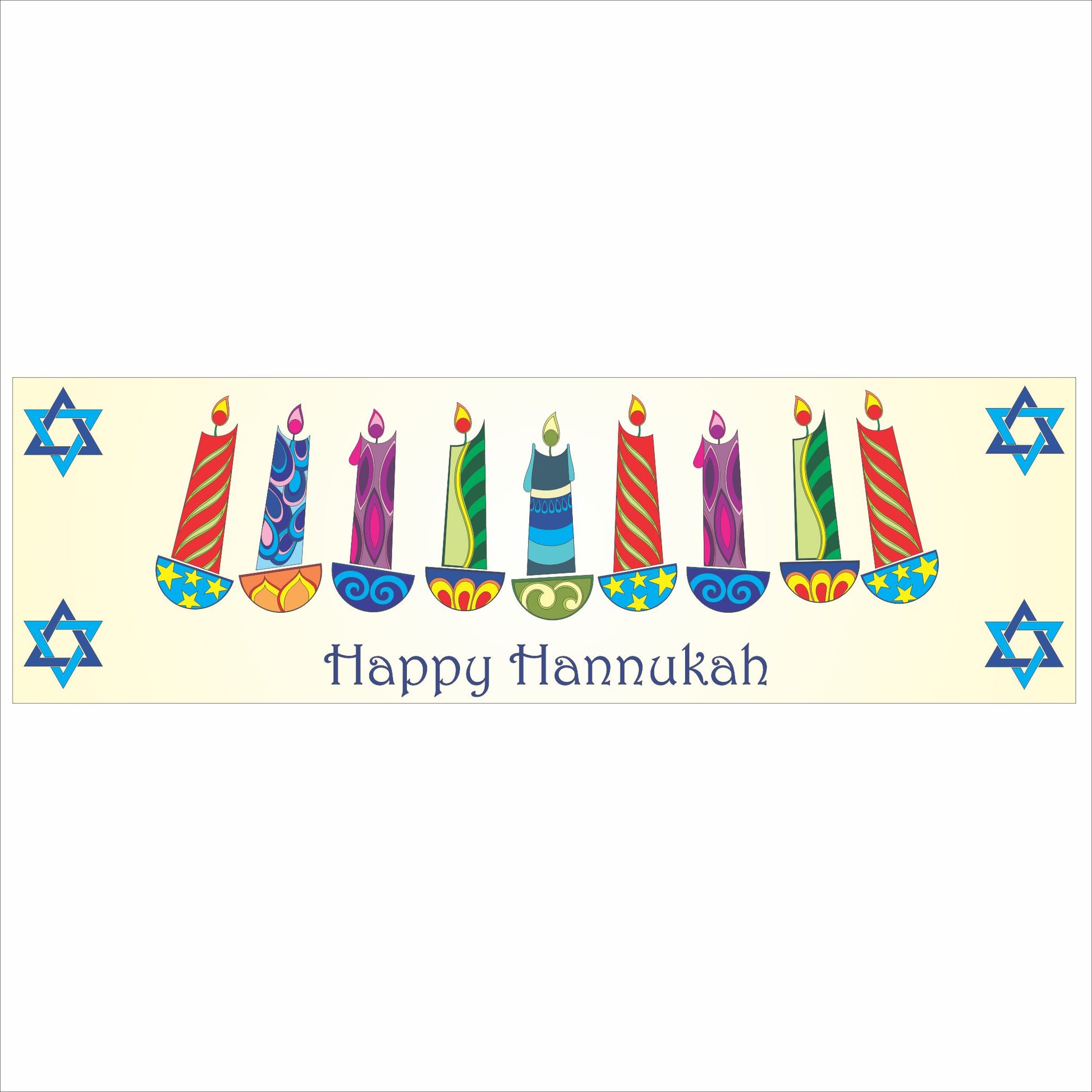 Happy Hannukah wall sign featuring colorful patterned menorah candles and blue Star of David symbols on a light background
