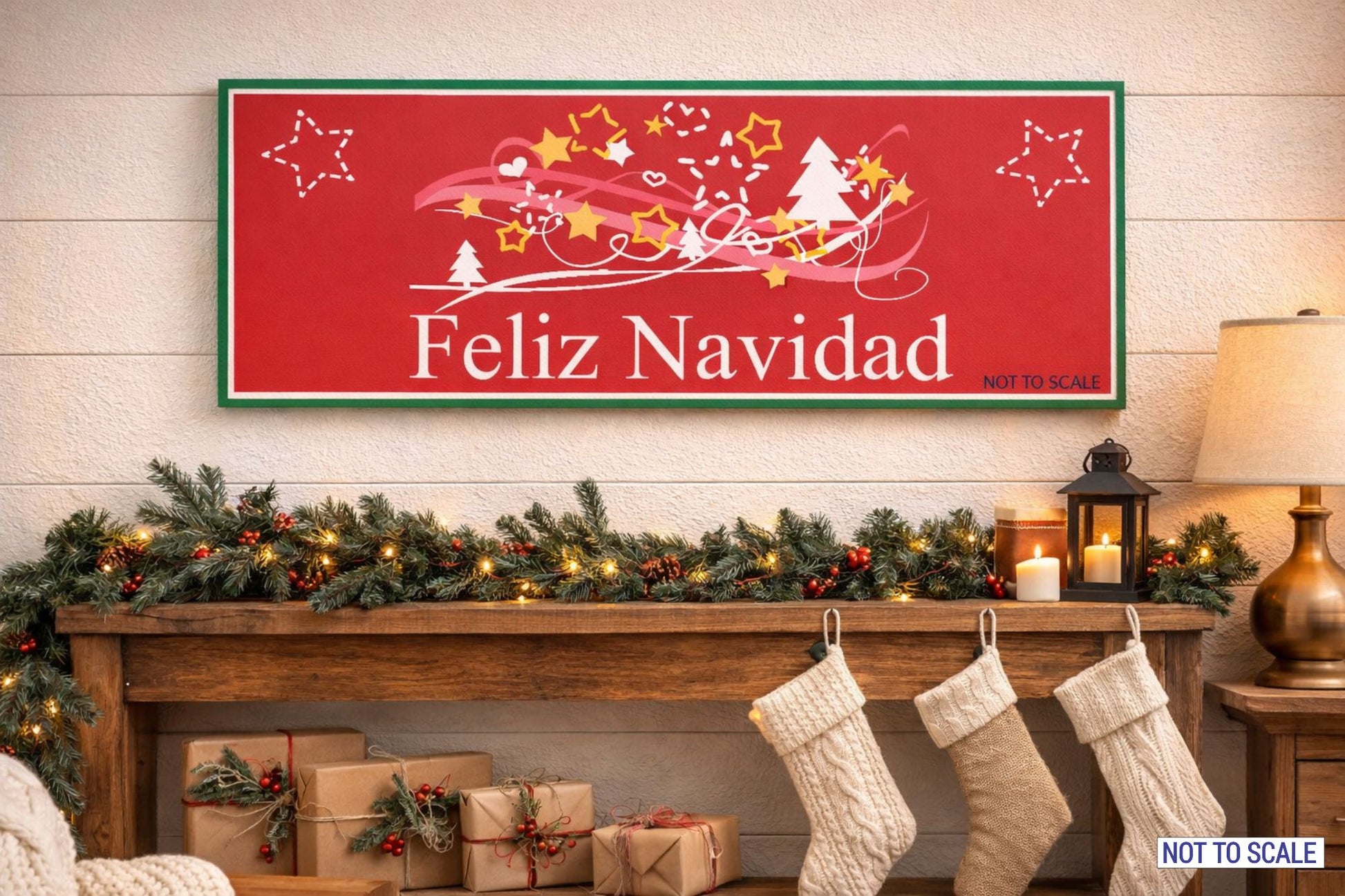 Feliz Navidad wall sign displayed above a rustic farmhouse mantel decorated for Christmas, not to scale
