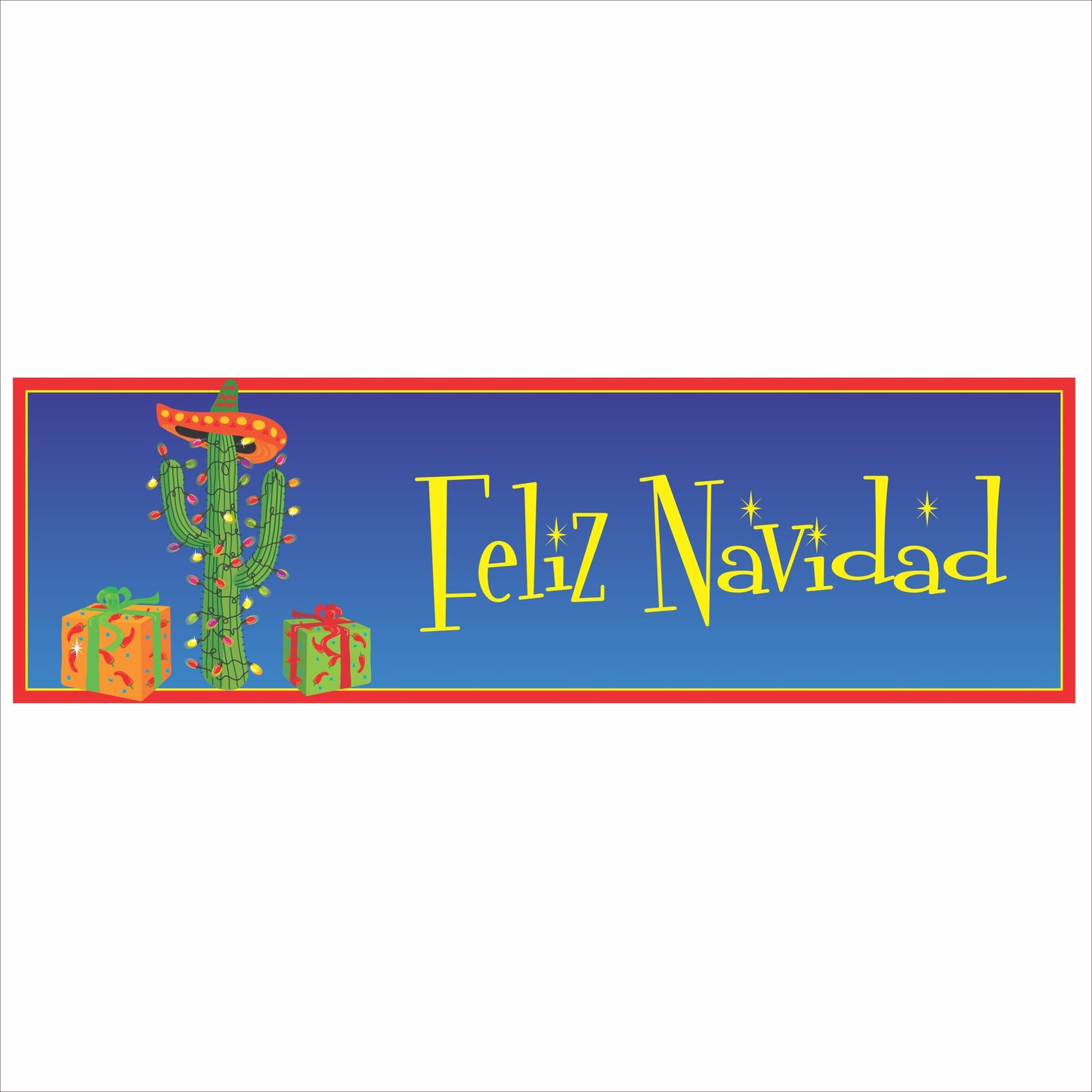 Feliz Navidad wall sign with decorated cactus and colorful gift boxes on blue background