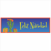 Feliz Navidad wall sign with decorated cactus and colorful gift boxes on blue background