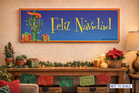 Feliz Navidad wall sign displayed in a Southwestern style living room decorated for Christmas, not to scale