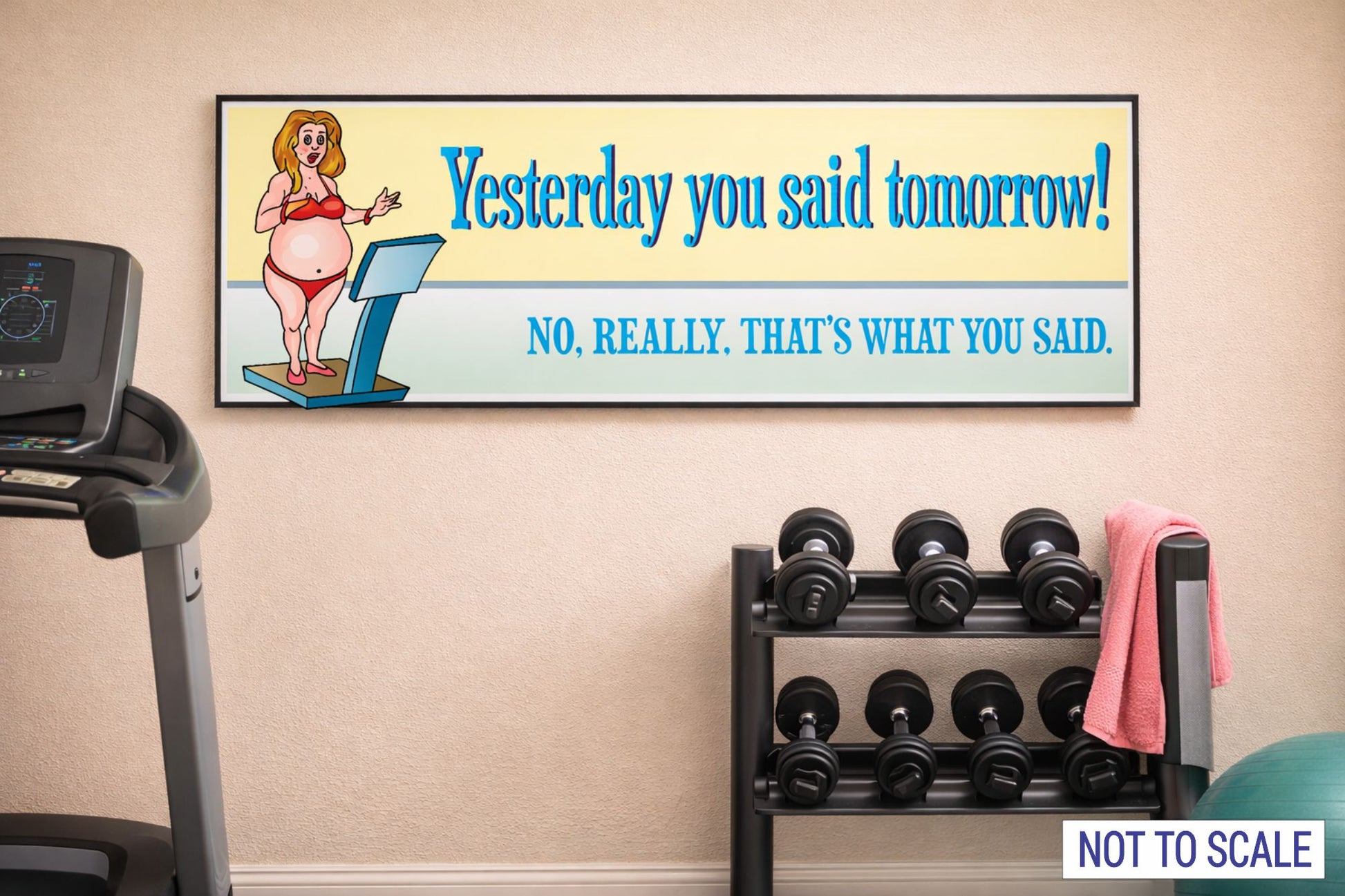 Funny gym motivation wall sign displayed in a home gym above weights and exercise equipment, not to scale