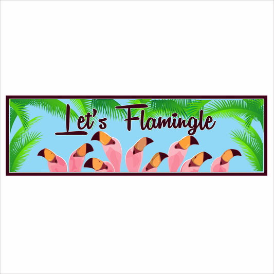 Let’s Flamingle tropical flamingo sign printed on PVC with palm leaves and bright beach colors