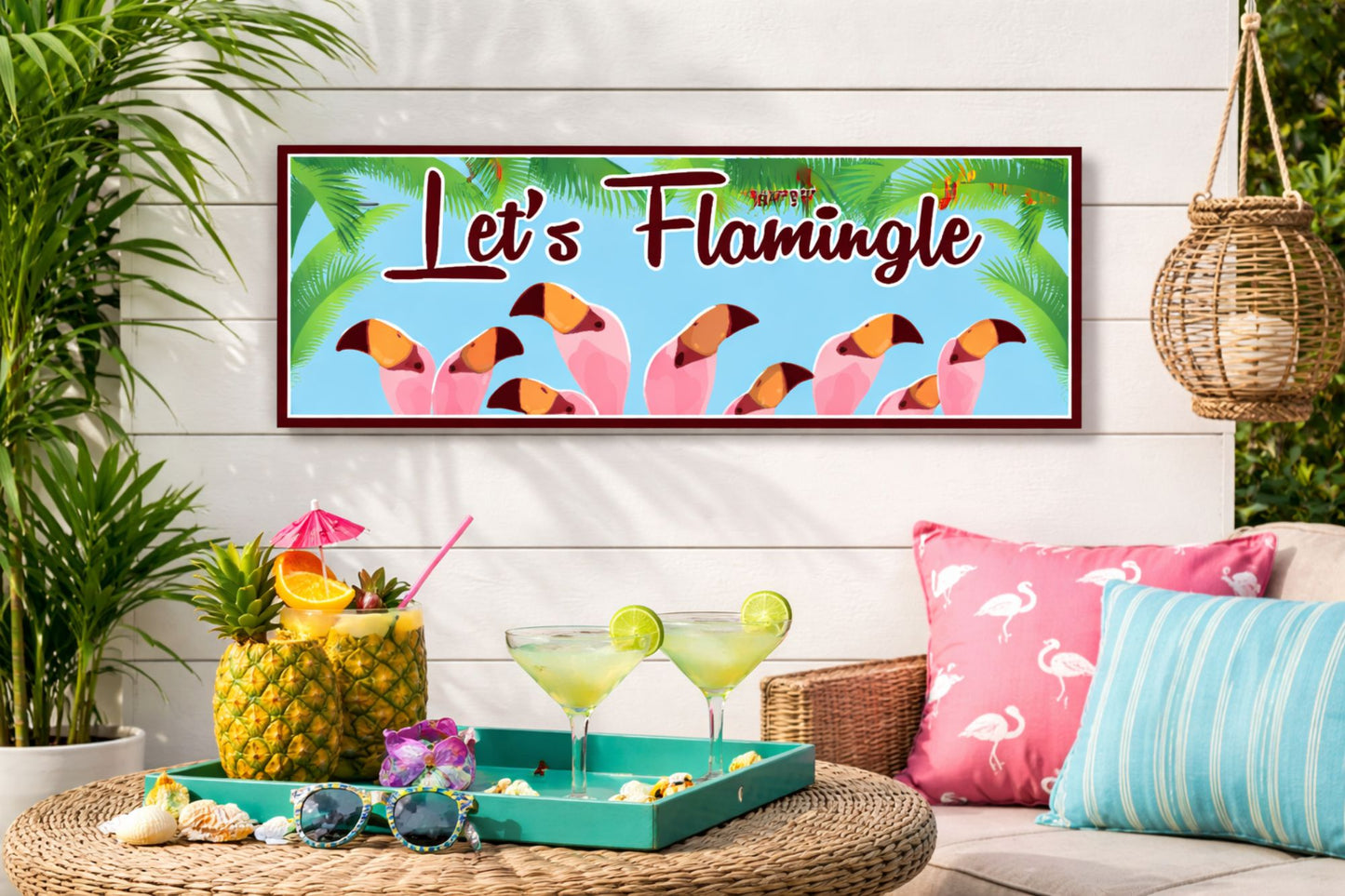 Lifestyle image:
Flamingo wall sign displayed in a tropical living space with colorful pillows and coastal décor