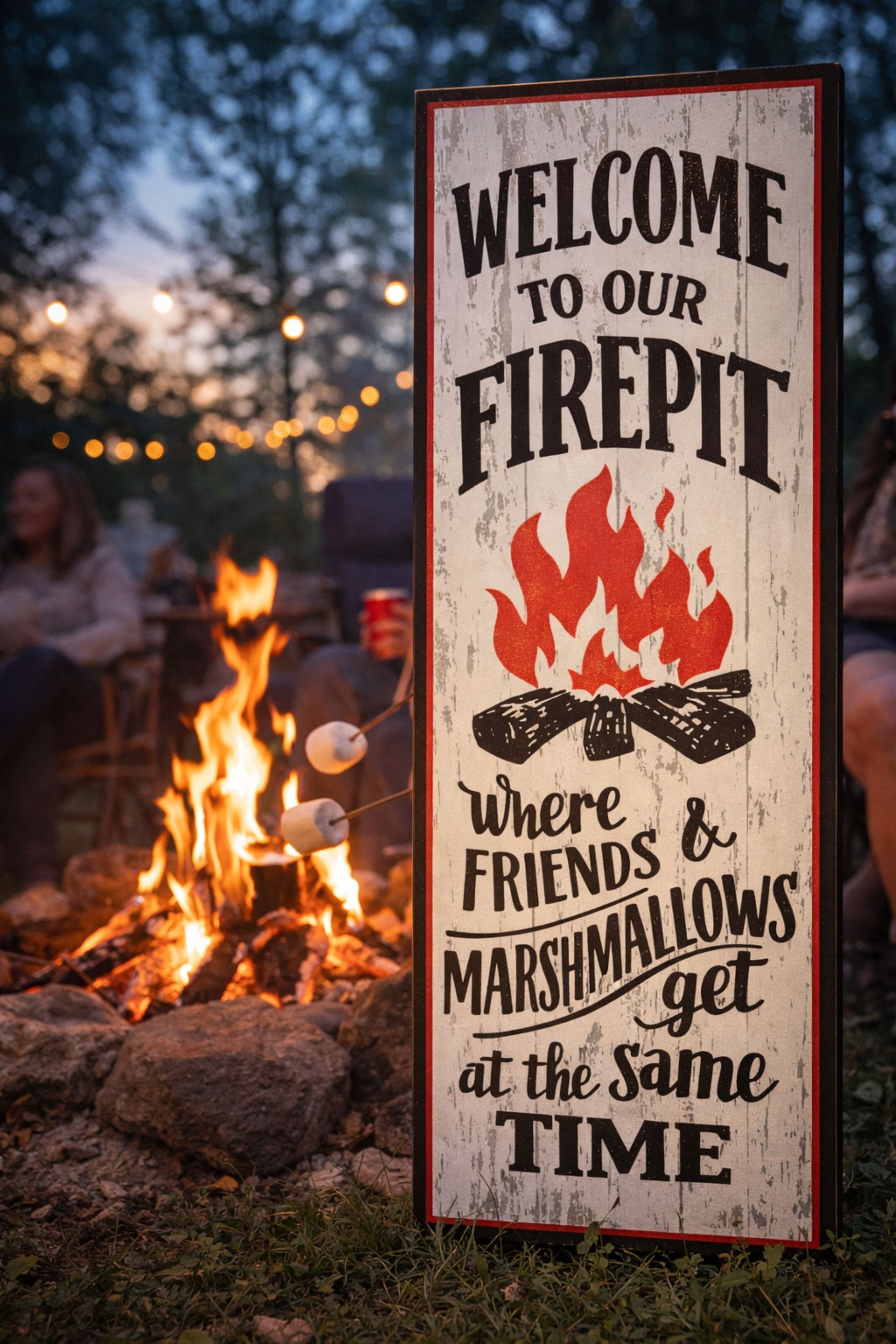 Rustic Welcome to Our Firepit sign displayed beside backyard fire pit with glowing flames and string lights at dusk