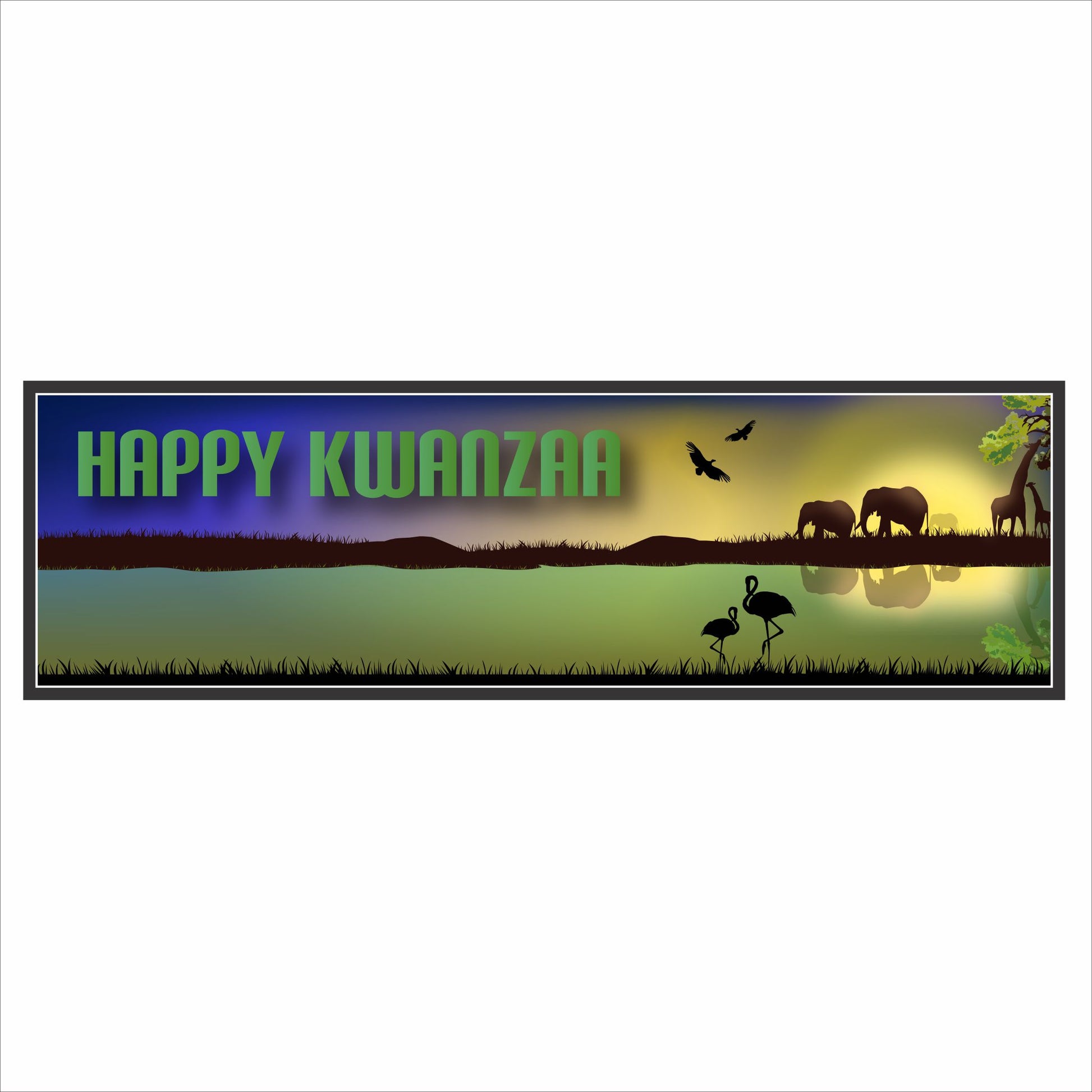 Happy Kwanzaa rectangular wall sign with African savanna sunset scene and wildlife silhouettes