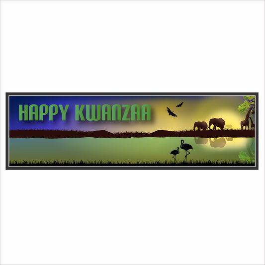Happy Kwanzaa rectangular wall sign with African savanna sunset scene and wildlife silhouettes
