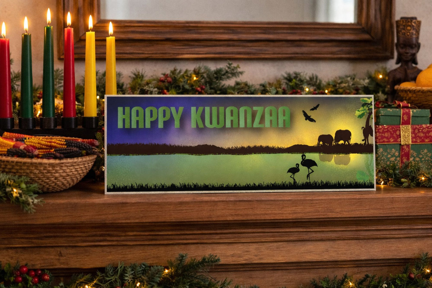 kwanzaa sign on mantel with kinara candles corn basket and holiday decor close up