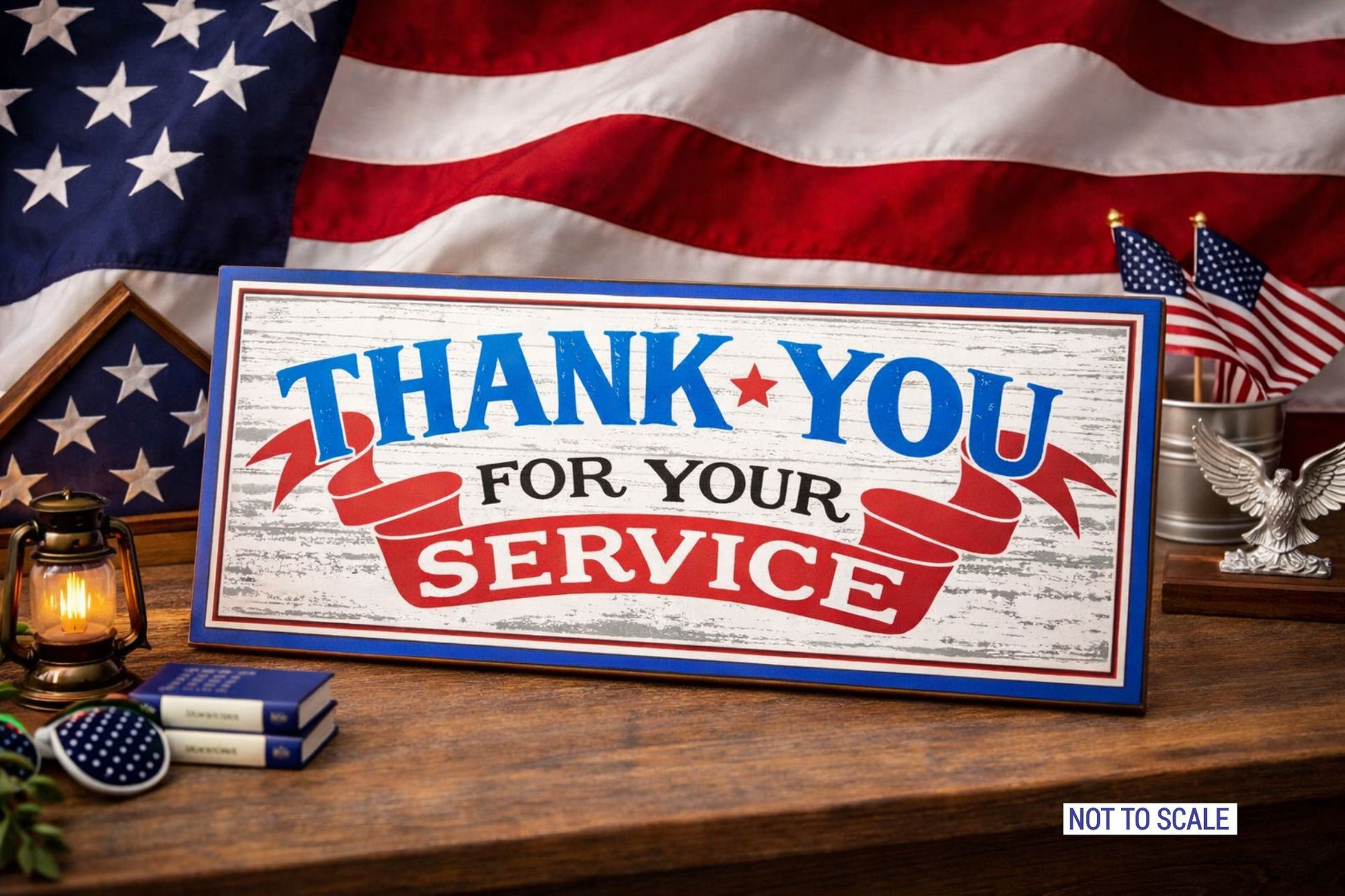thank you for your service patriotic military tribute sign displayed on wooden table with american flag background
