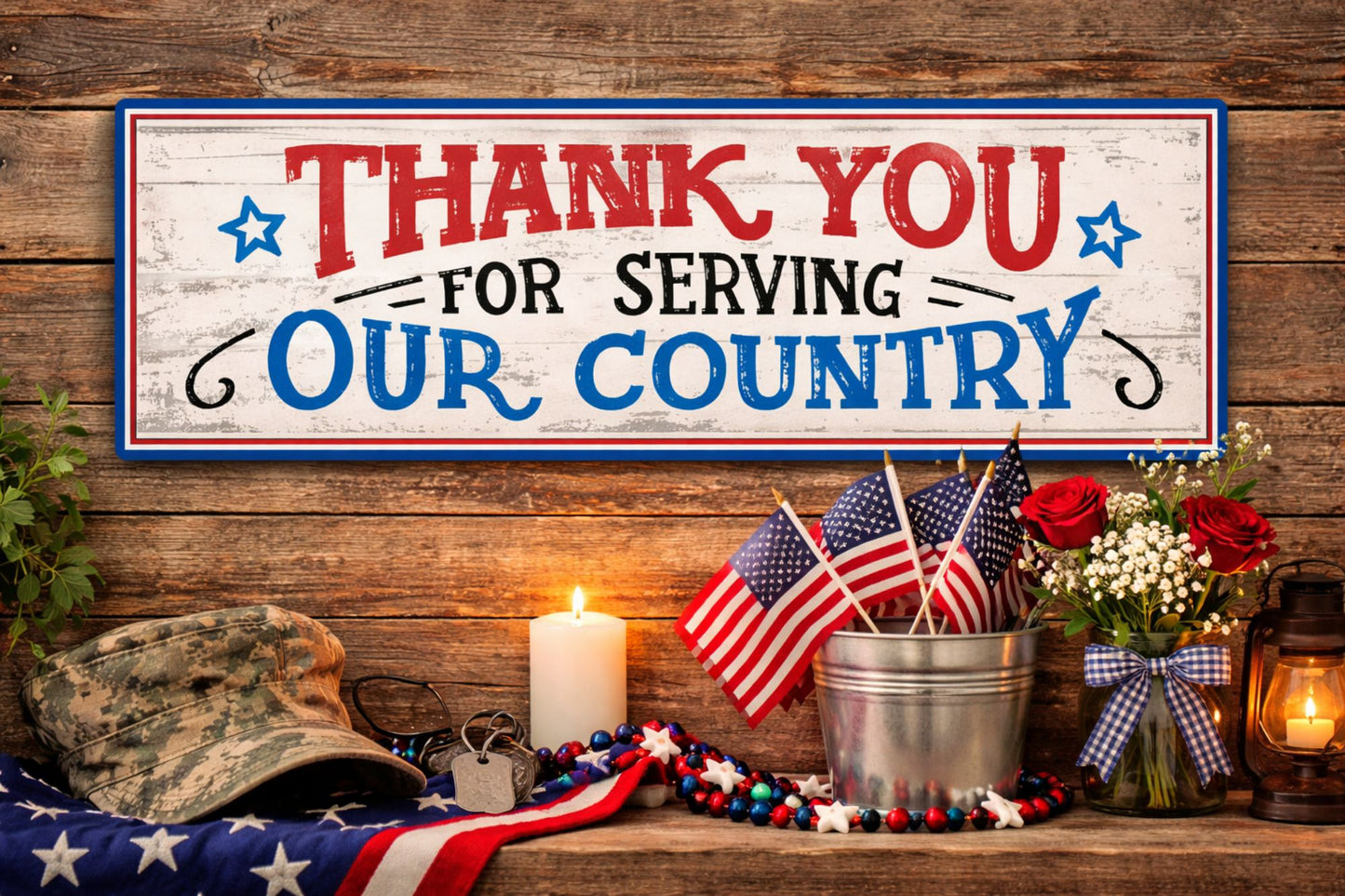 thank you for serving our country patriotic military tribute sign displayed with american flags and lantern decor