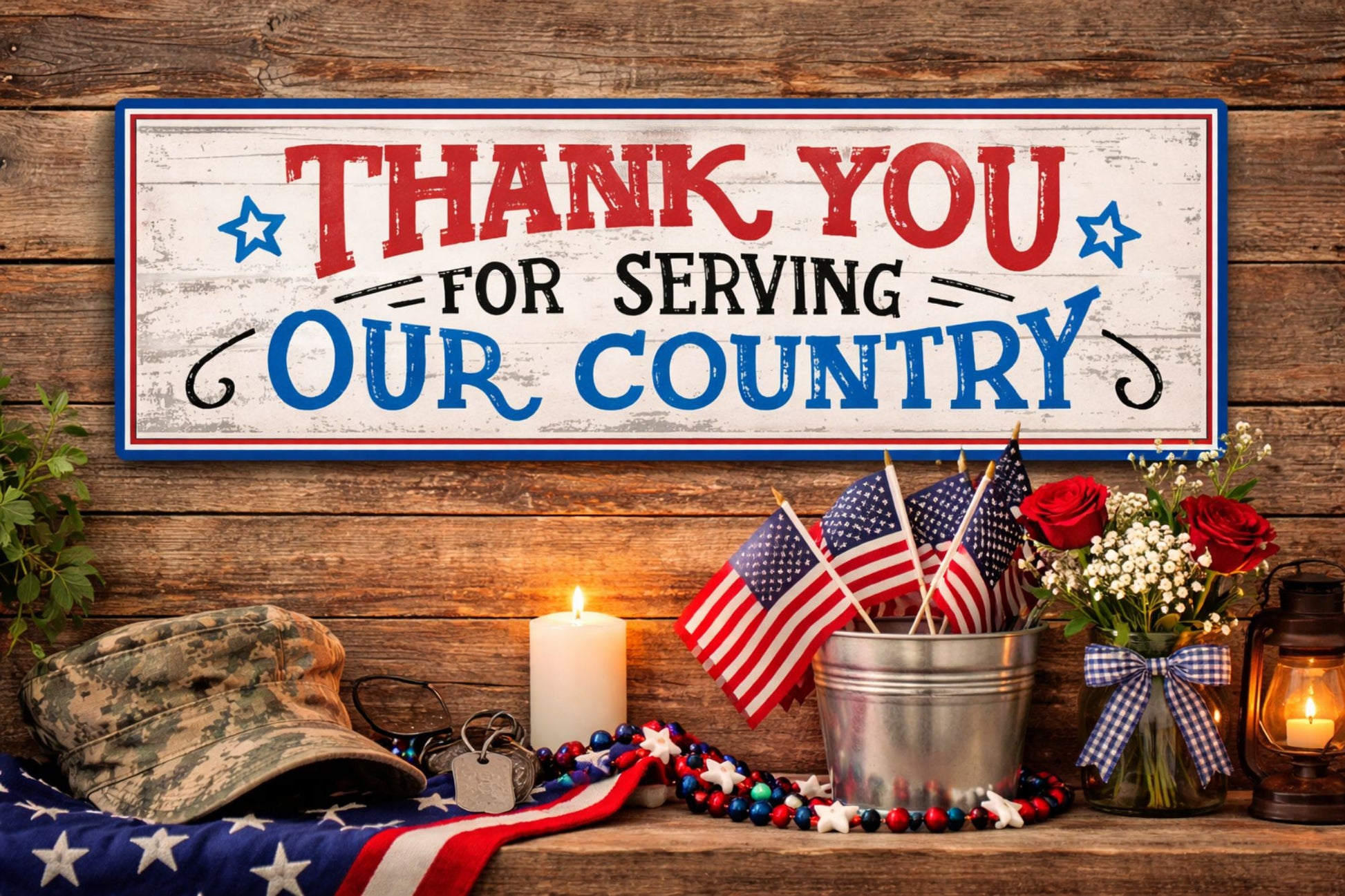 thank you for serving our country patriotic military tribute sign displayed with american flags and lantern decor