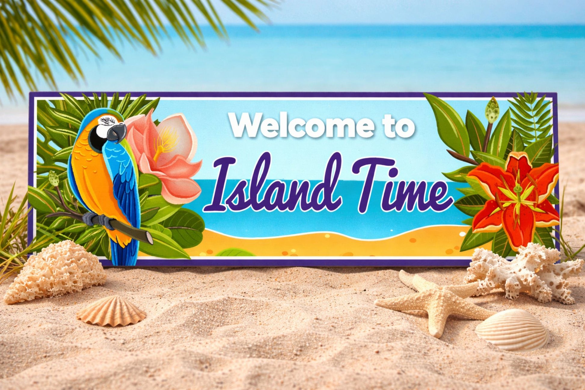 island time sign displayed on beach sand with seashells tropical coastal decor sign