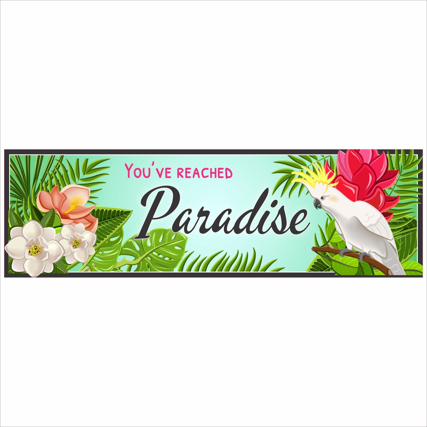 horizontal tropical paradise sign with cockatoo illustration floral design and blue border