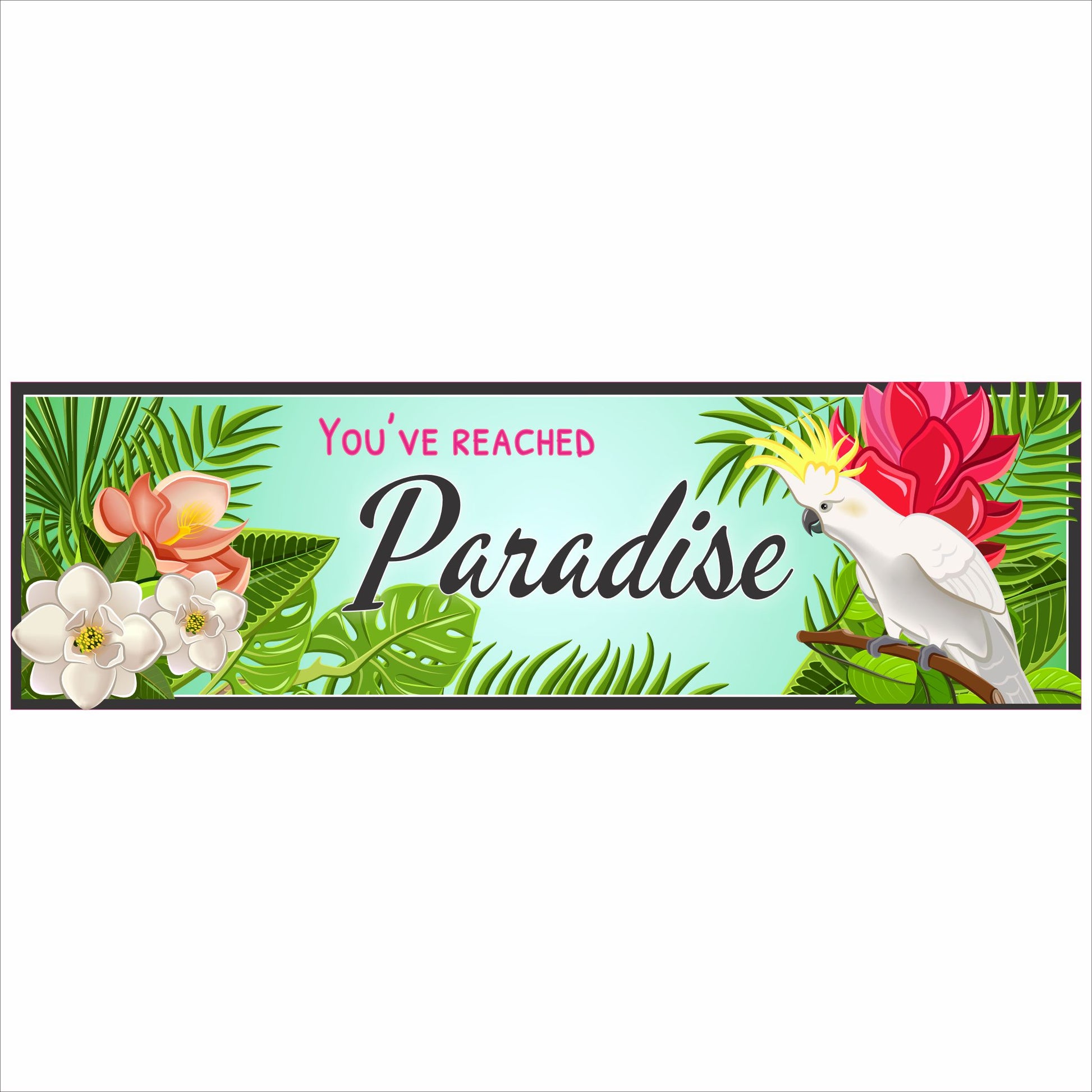 horizontal tropical paradise sign with cockatoo illustration floral design and blue border