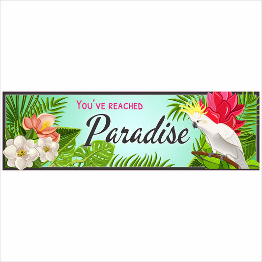 horizontal tropical paradise sign with cockatoo illustration floral design and blue border